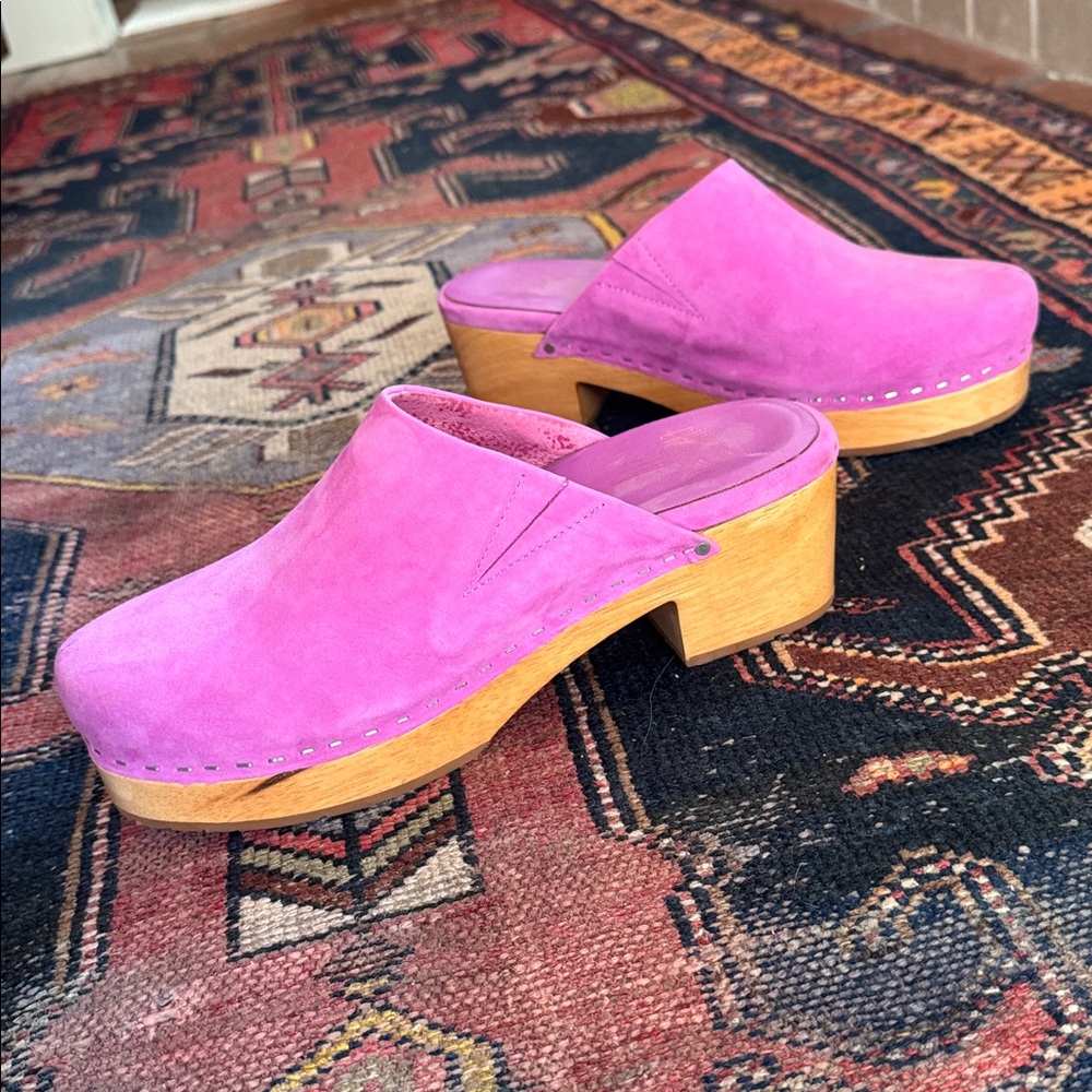 Charlotte Stone Pink Suede Wooden Clog Mules